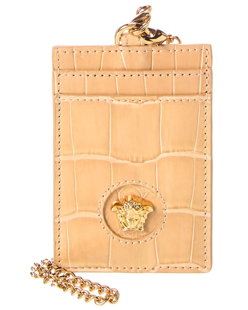 Shop Versace La Medusa Croc-embossed Leather Card Holder On Chain In Brown