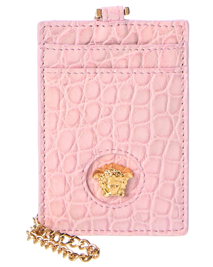 Versace La Medusa Croc-embossed Leather Card Holder On Chain In Pink