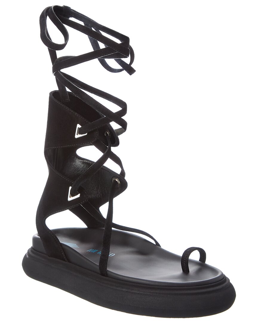 Shop Attico The  Ankle Wrap Suede Platform Sandal In Black