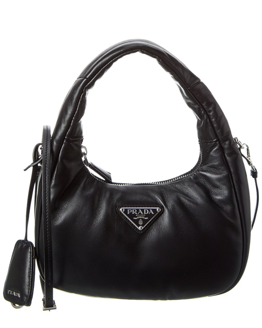 Prada Logo Padded Mini Leather Hobo Bag In Black