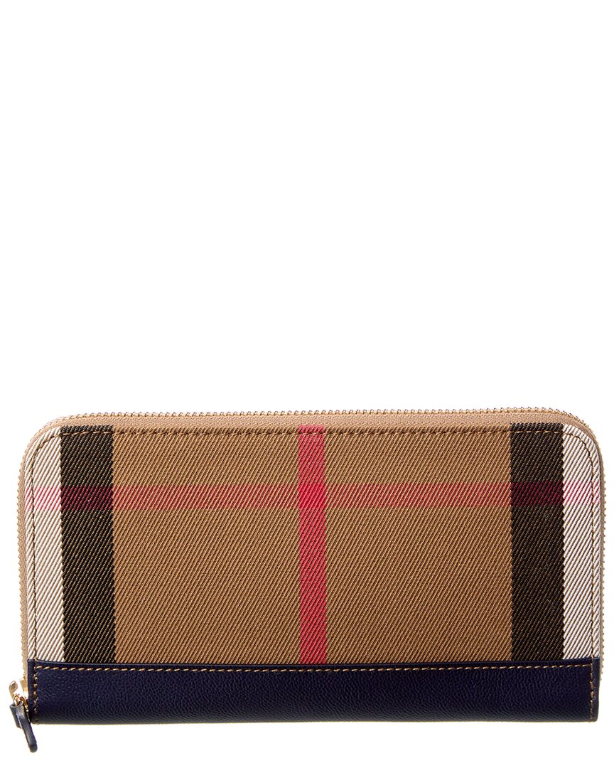 Burberry Check Canvas & Leather Zip Around Wallet