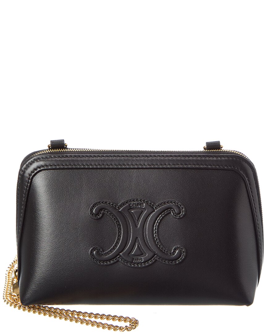 Celine Triomphe Leather Clutch On Chain In Black