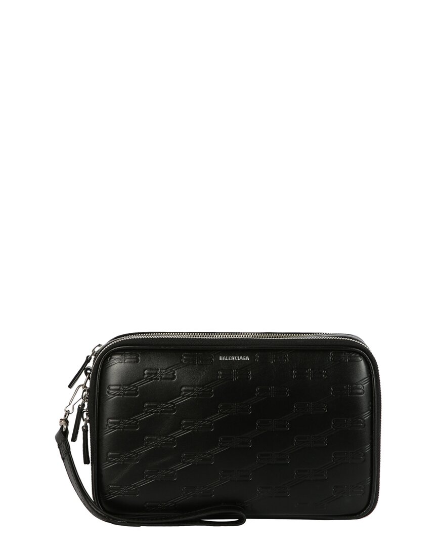 Balenciaga Signature Double Zip Leather Pouch In Black