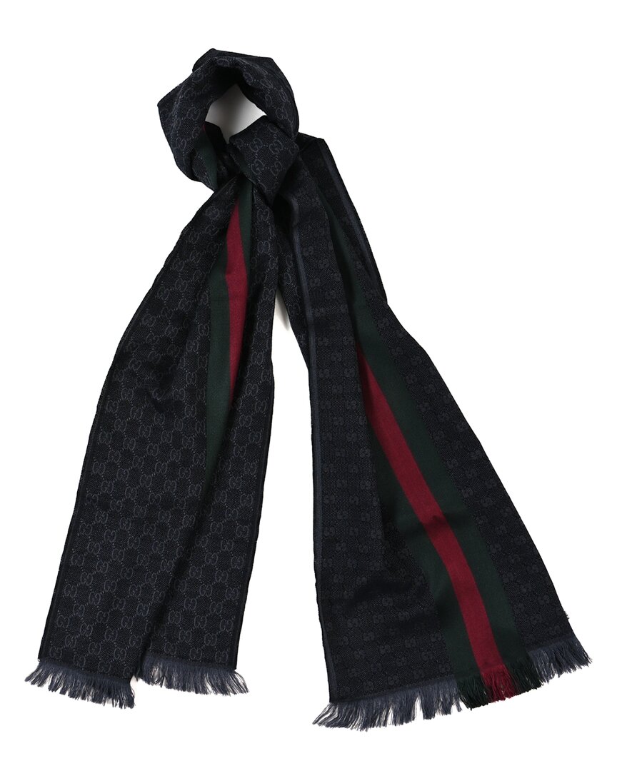 Gucci Wool Silk Gg Monogram Web Verbier Fringe Scarf (authentic Pre-loved)
