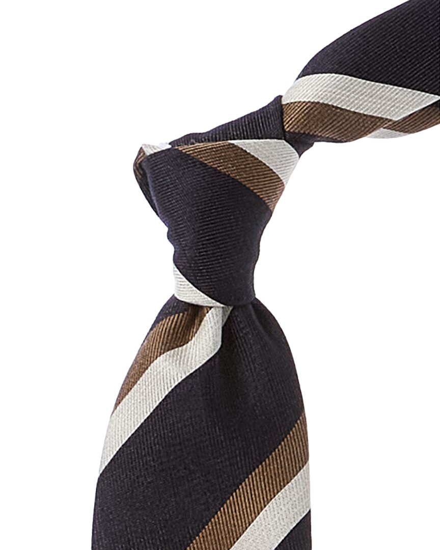 Brunello Cucinelli Navy Diagonal Stripe Silk & Wool-blend Tie