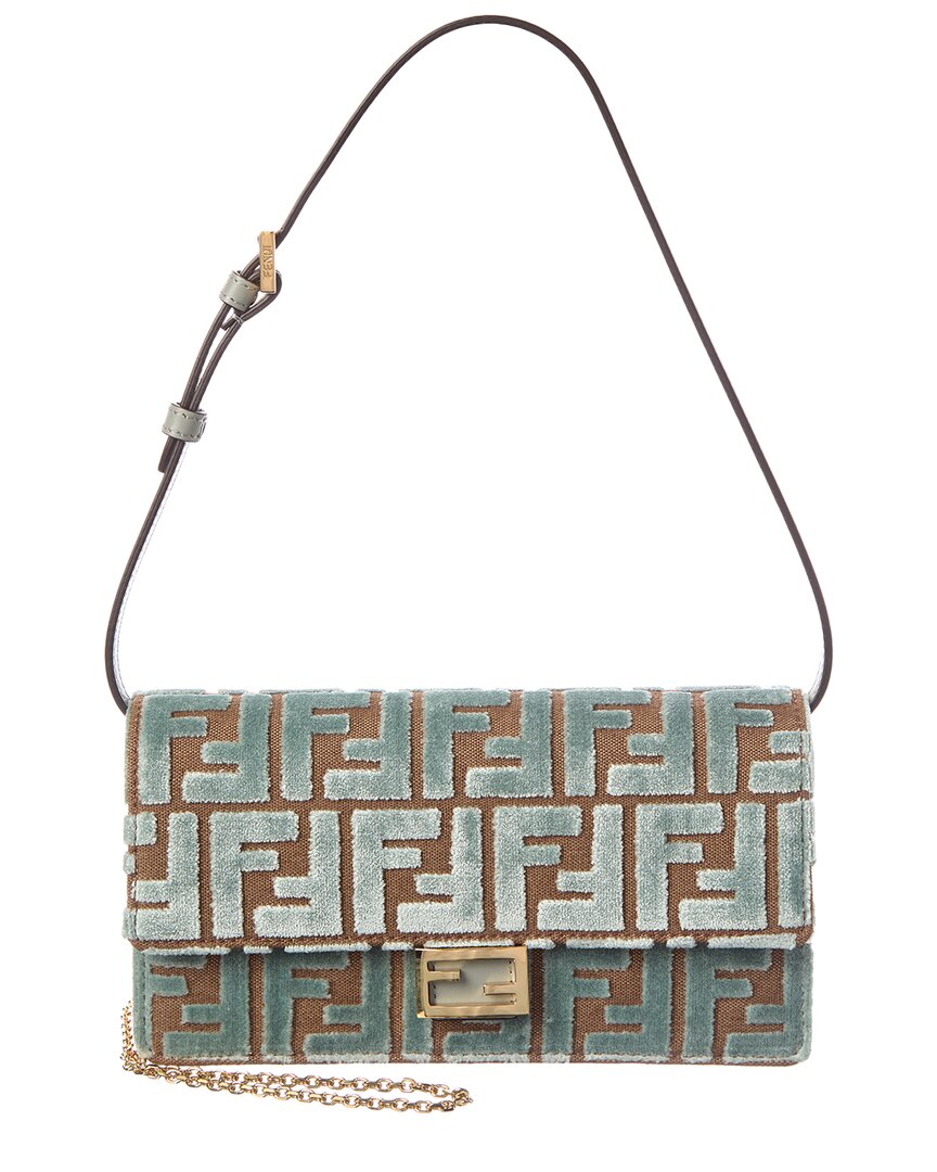 Fendi Baguette Ff Velvet & Leather Wallet On Chain In Green