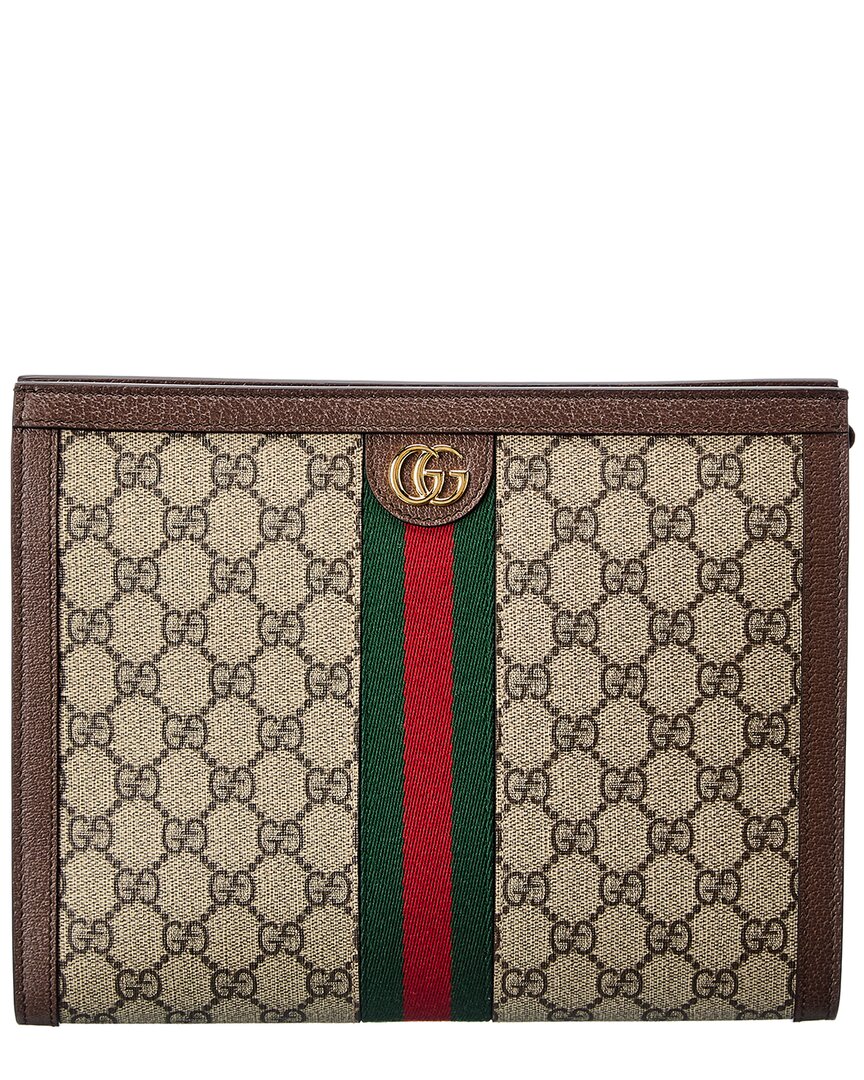 Gucci Ophidia Gg Supreme Canvas & Leather Pouch In Beige