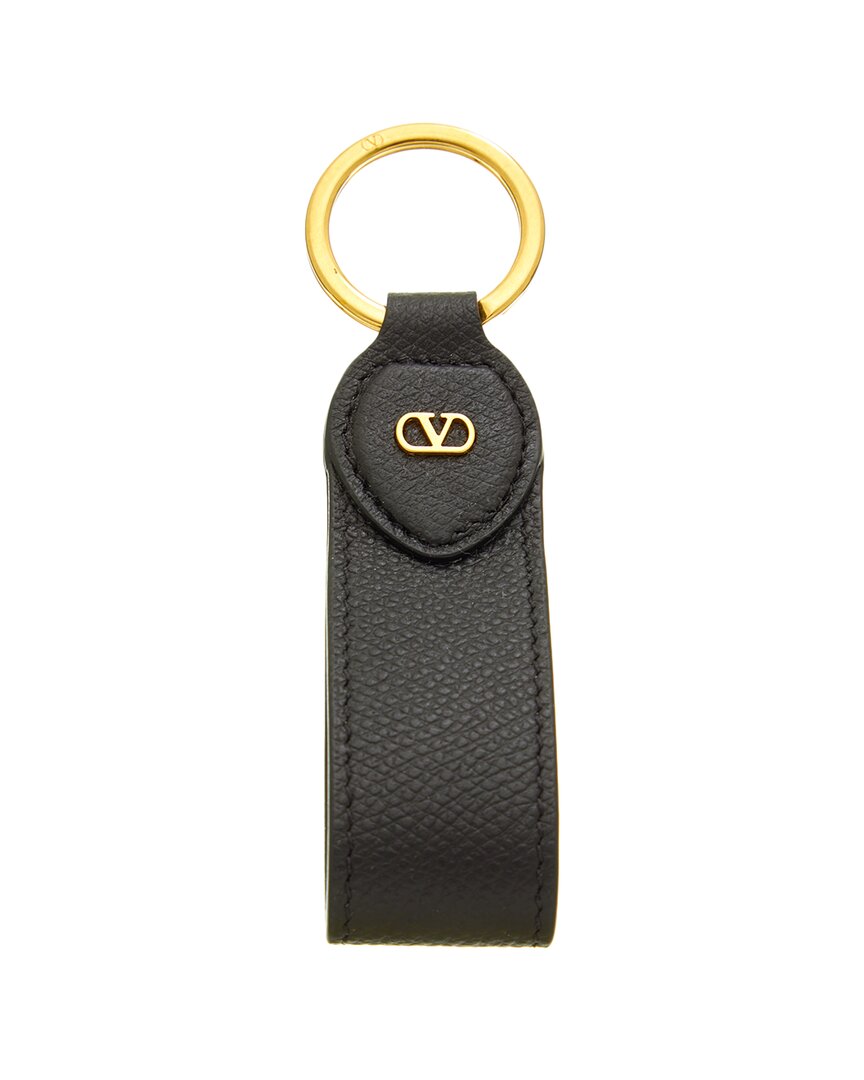 Valentino Vlogo Plaque Leather Keychain In Black