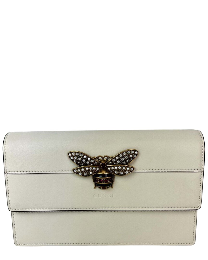 Gucci White Leather Queen Margaret Bee Wallet On A Chain (authentic Pre-loved) In Neutral