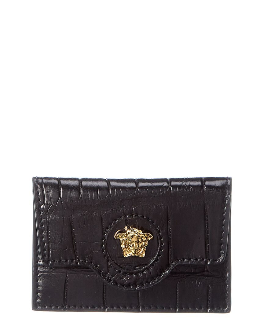 Versace La Medusa Croc-embossed Leather Card Holder In Black