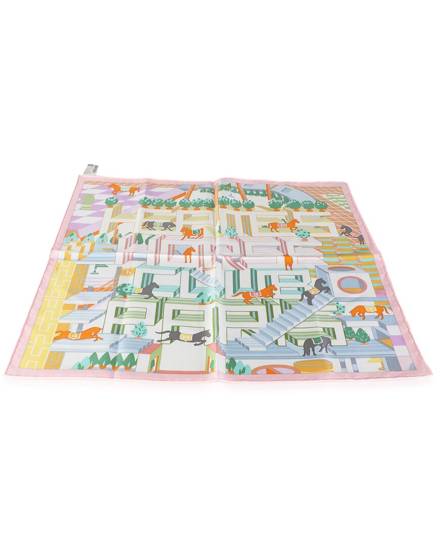 Pre-owned Hermes Hermès Rose Pale Vert Jaune Silk Horse Club Detail Scarf 45 (authentic Pre- Loved)