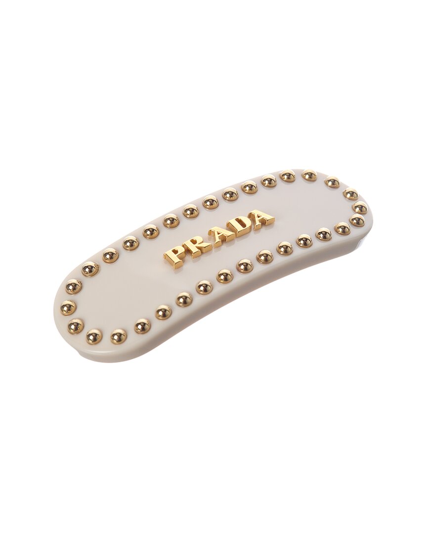 Prada Dnu Inv  Lettering Logo Studded Hair Clip In White