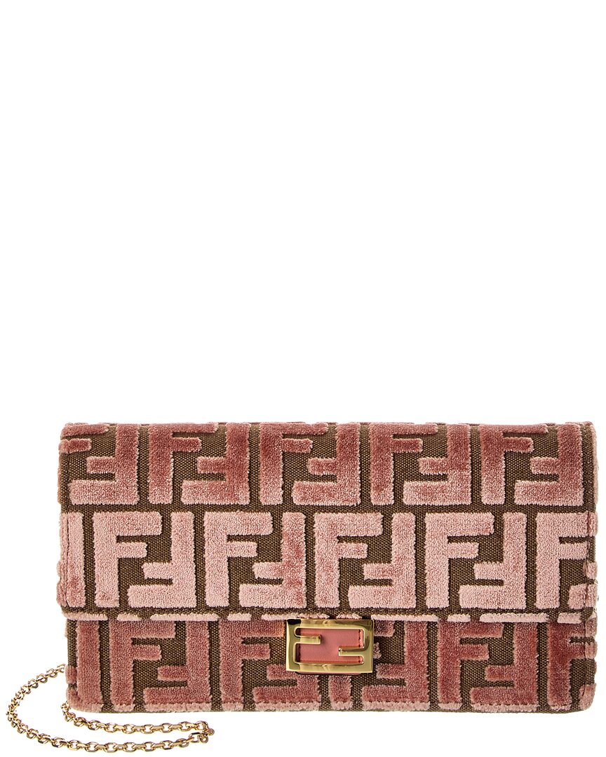Fendi Baguette Ff Velvet & Leather Wallet On Chain In Brown