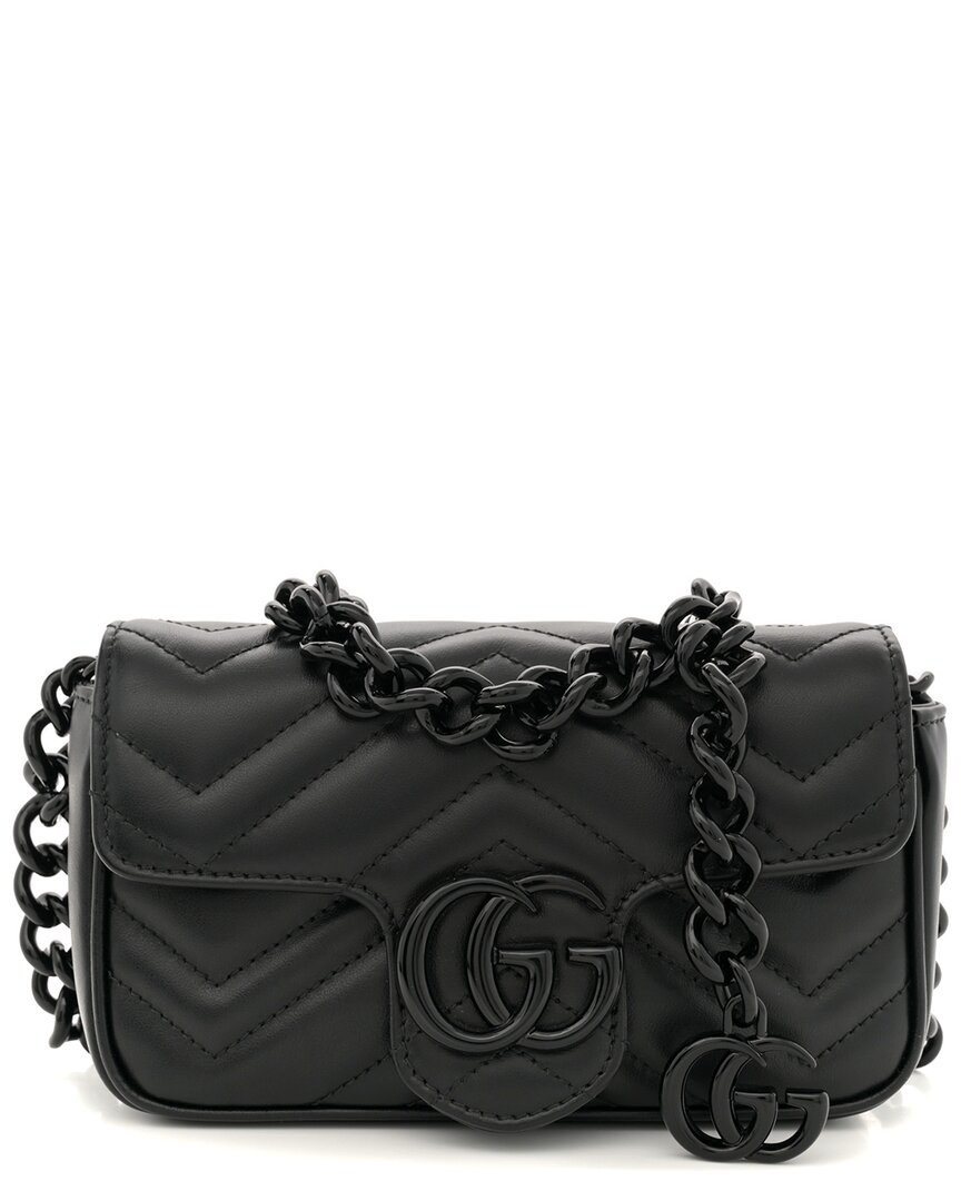 Gucci Black Matelasse Calfskin Leather Monochrome Gg Marmont Chain Belt Bag (authentic Pre-loved)