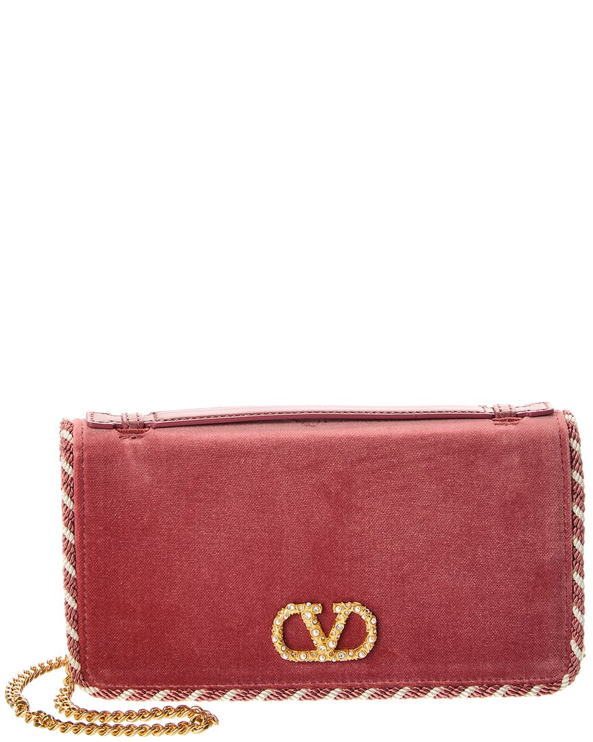 Valentino Vlogo Signature Velvet Wallet On Chain In Pink