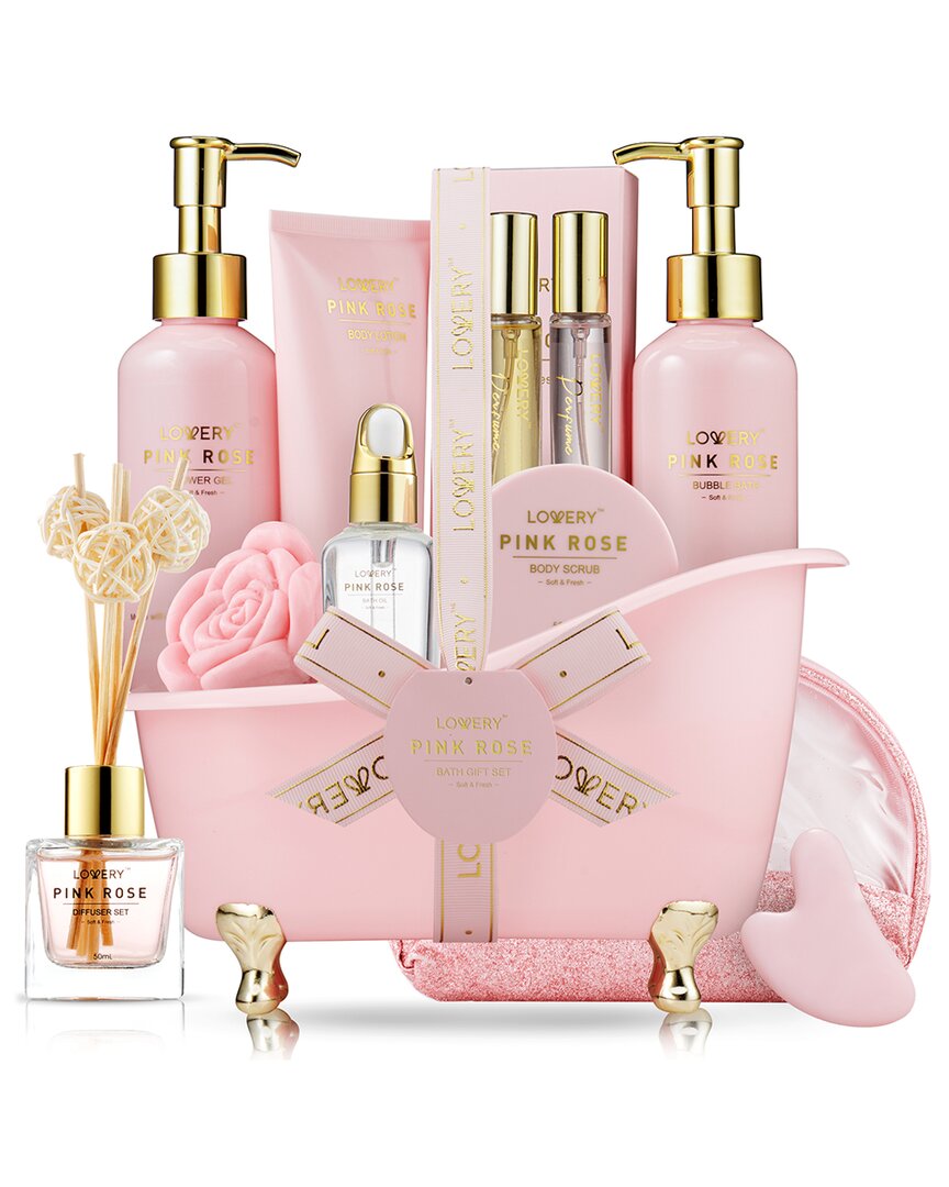 Lovery Luxury Spa Kit, 18pc Pink Rose Relaxing Basket With Perfumes, Gua Sha And More