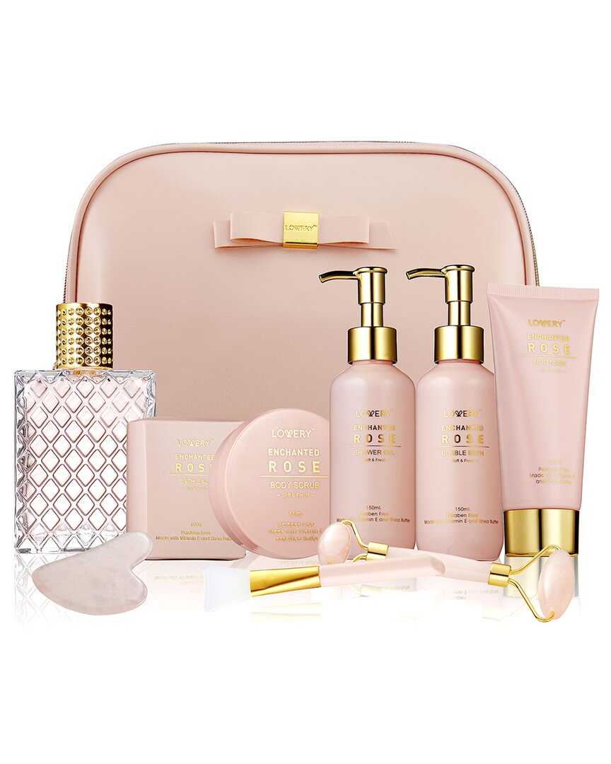 Lovery Luxury Enchanted Rose Bath & Body Beauty Kit With Leather Bag, Jade Roller & More