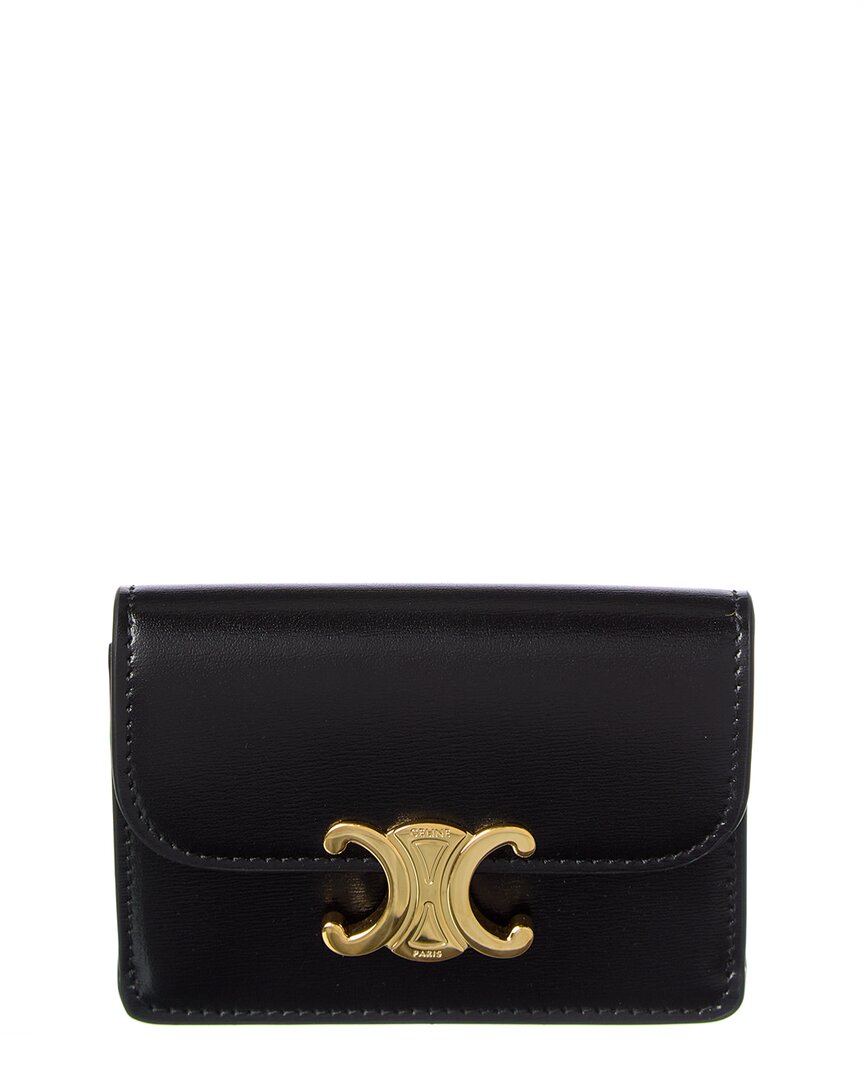 Celine Triomphe Flap Leather Card Case In Black
