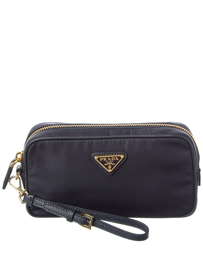 Prada Triangle Logo Nylon & Leather Pouch In Blue