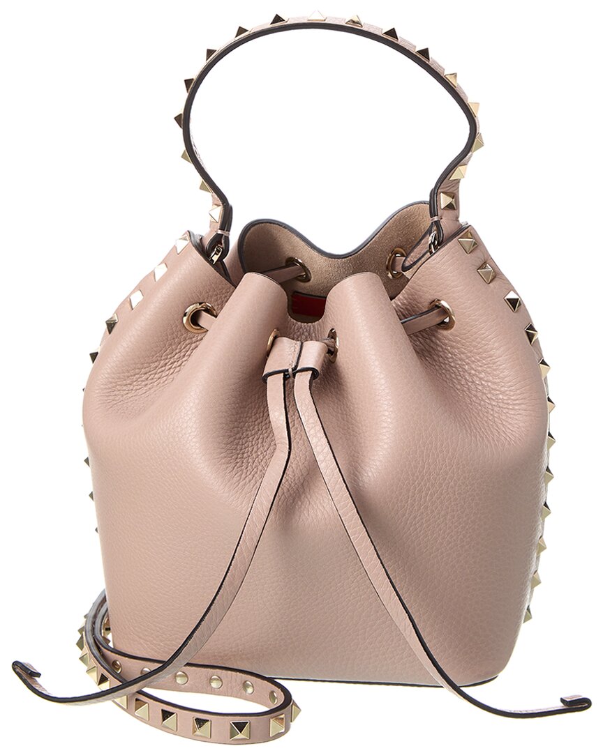 Shop Valentino Rockstud Grainy Leather Bucket Bag In Pink