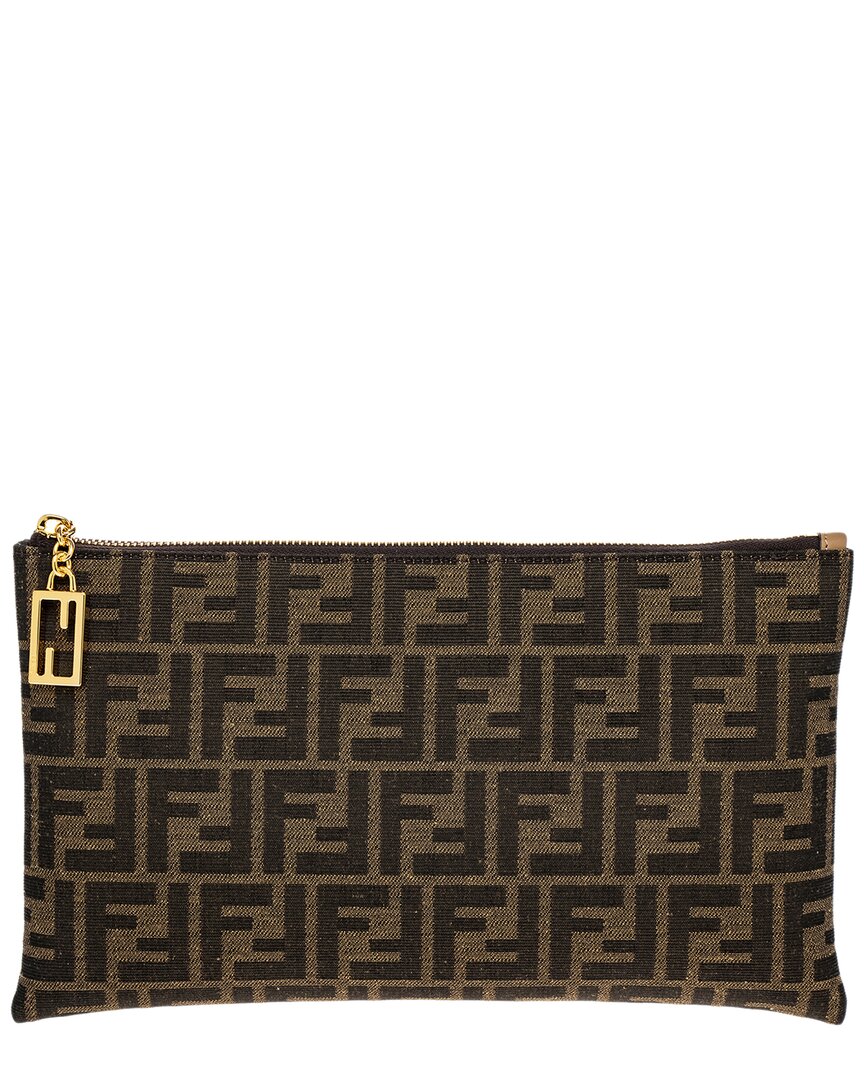 Fendi Flat Baguette Medium Leather-trim Pouch In Brown