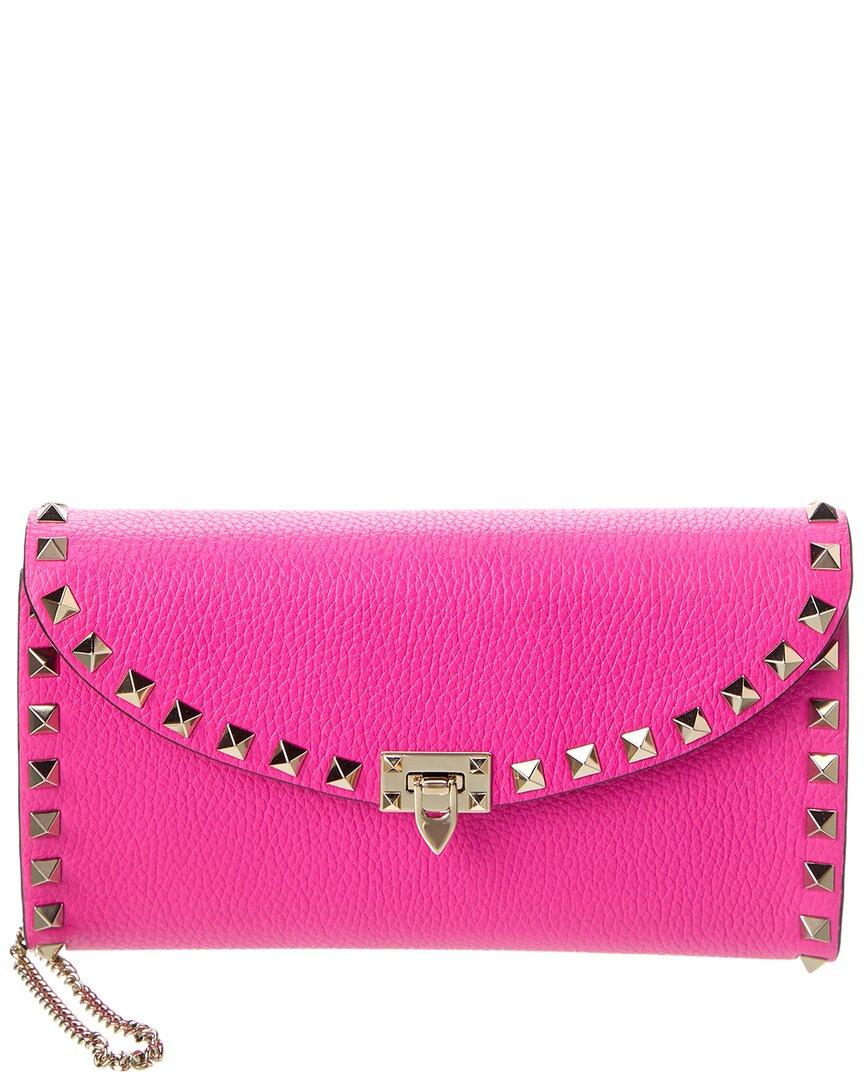 Shop Valentino Rockstud Grainy Leather Wallet On Chain In Pink