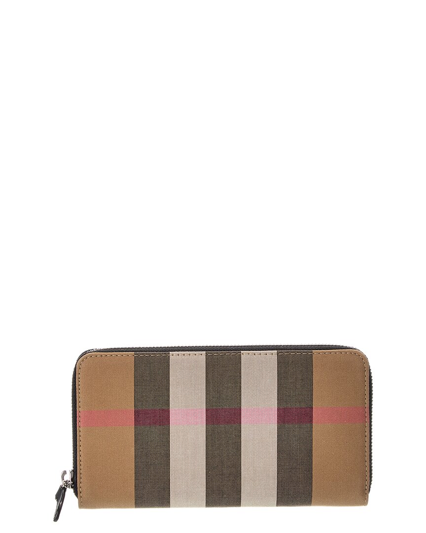 Burberry Check Canvas & Leather Zip Around Wallet In Brown