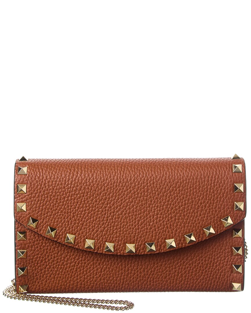 Valentino Rockstud Mini Grainy Leather Wallet On Chain In Brown