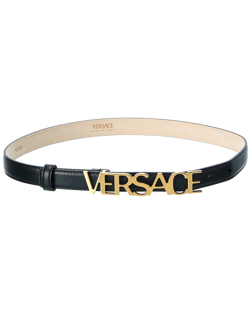 Shop Versace Lettering Logo Leather Belt In Black