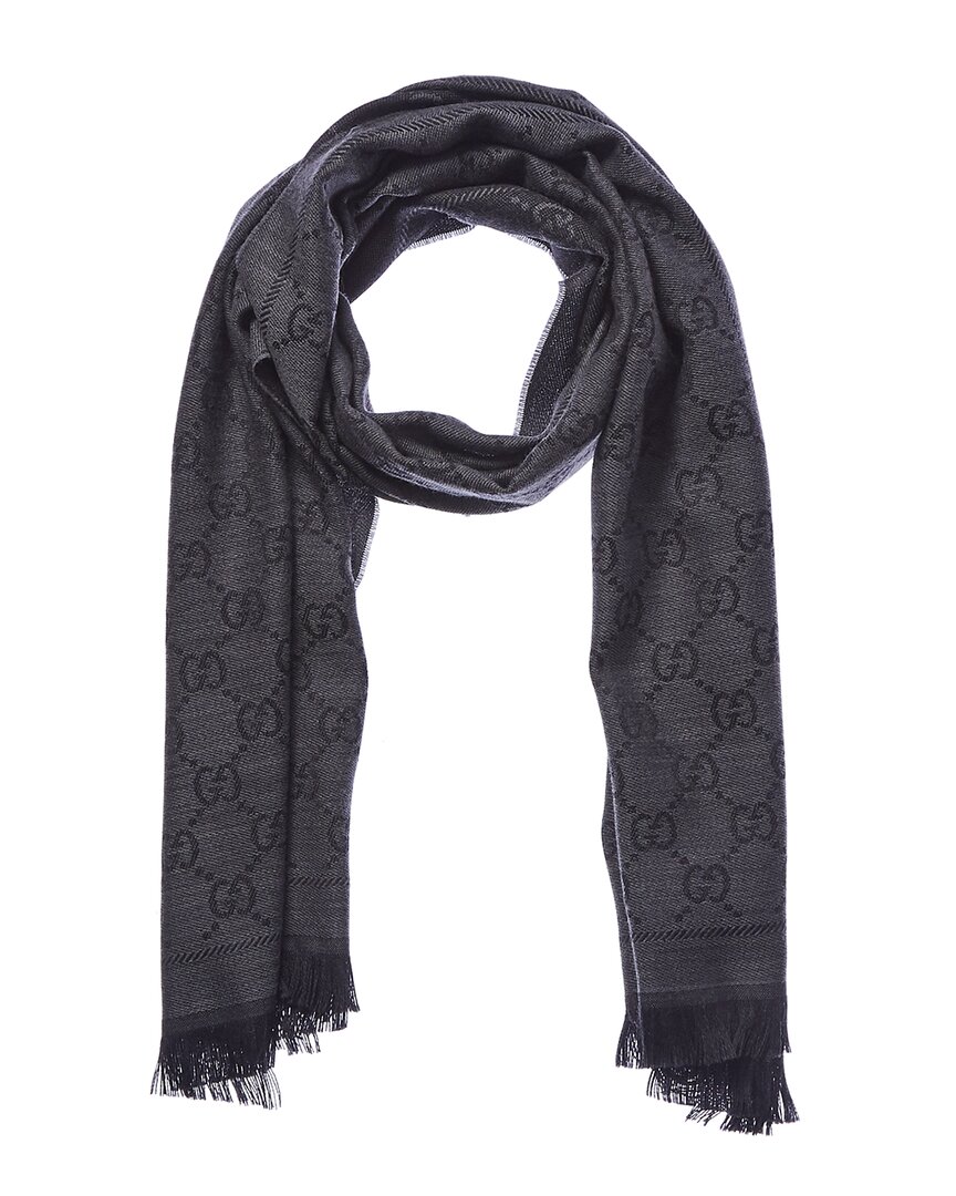 Gucci Gg Jacquard Pattern Wool Scarf In Black