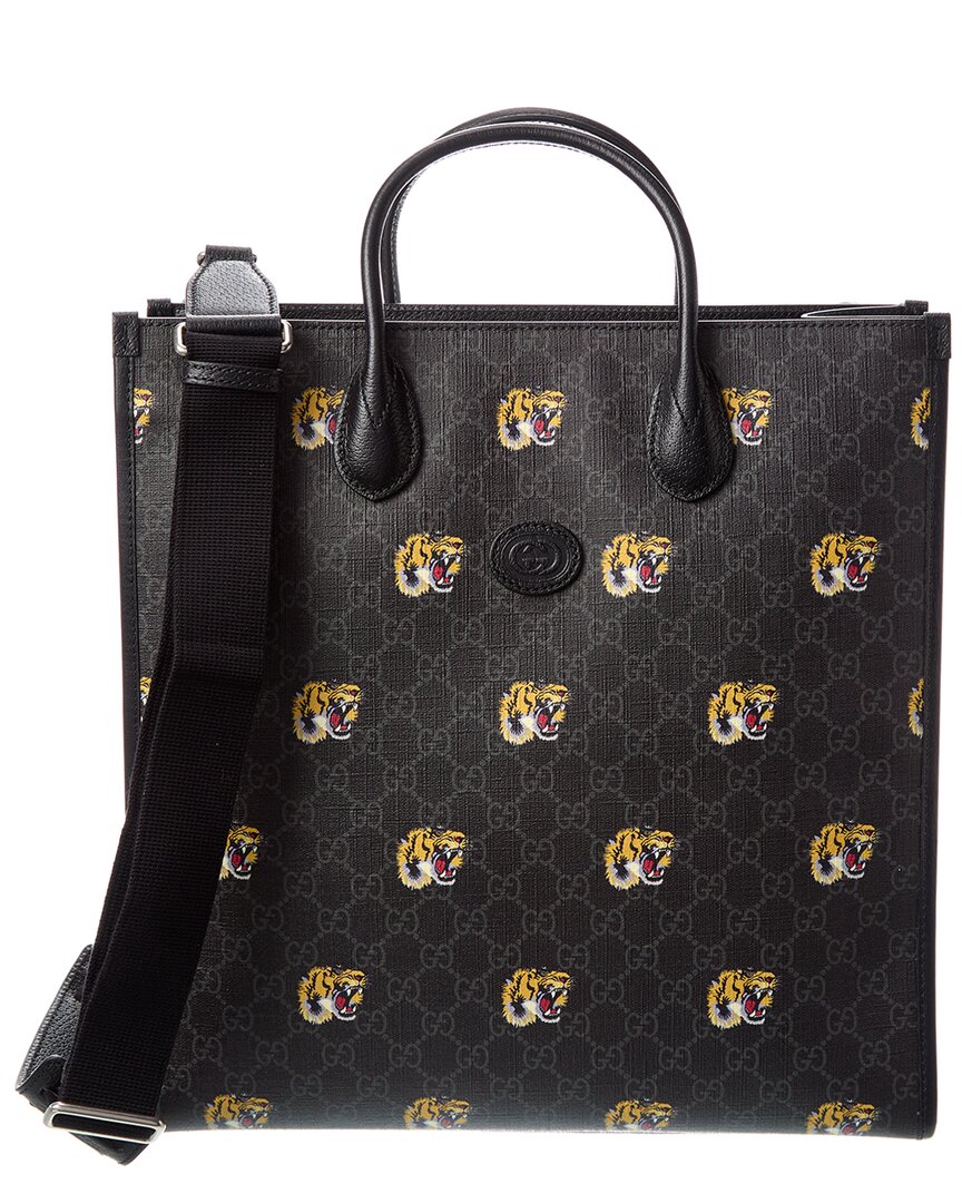 Gucci Interlocking G Gg Supreme Canvas & Leather Tote In Black