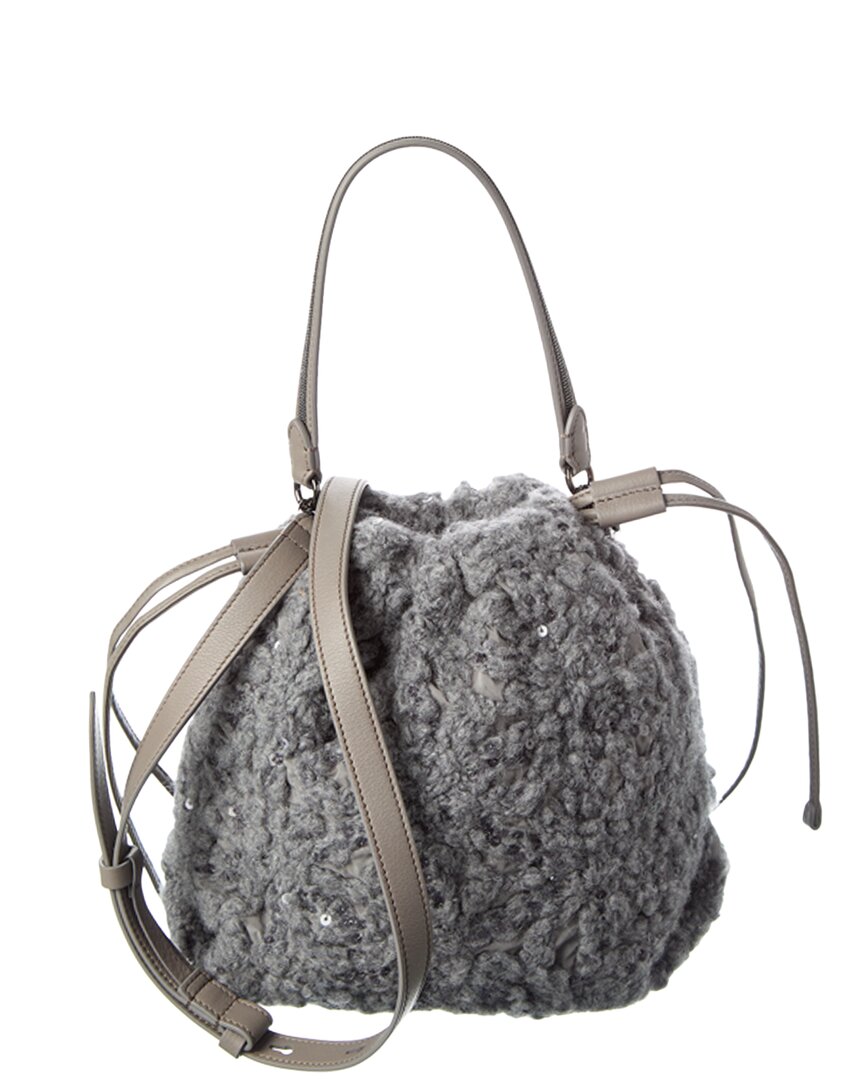 Brunello Cucinelli Wool & Leather Bucket Bag In Gray
