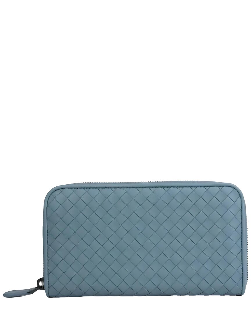 Bottega Veneta Light Blue Leather Woven Zip Around Wallet In Blue
