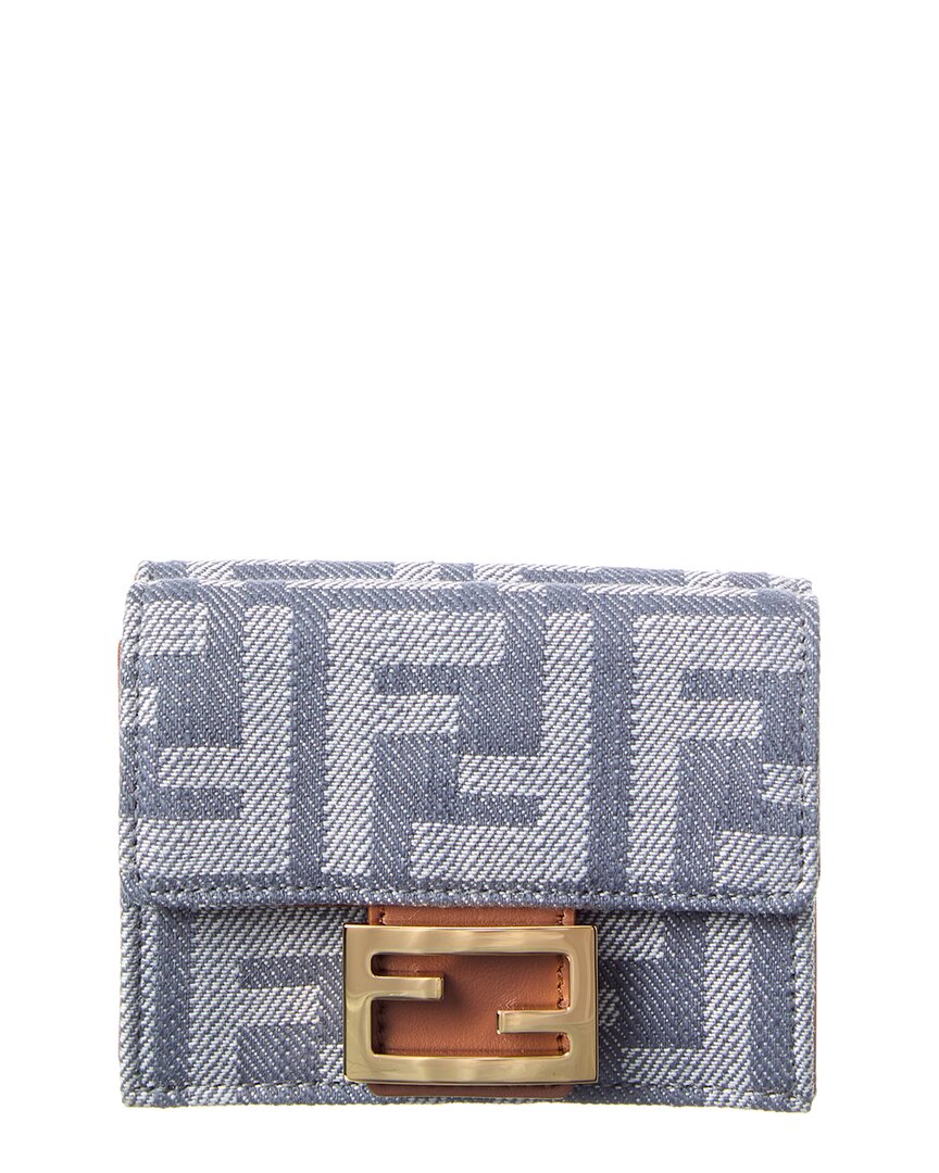 Fendi Baguette Micro Trifold Ff Denim & Leather French Wallet In Blue