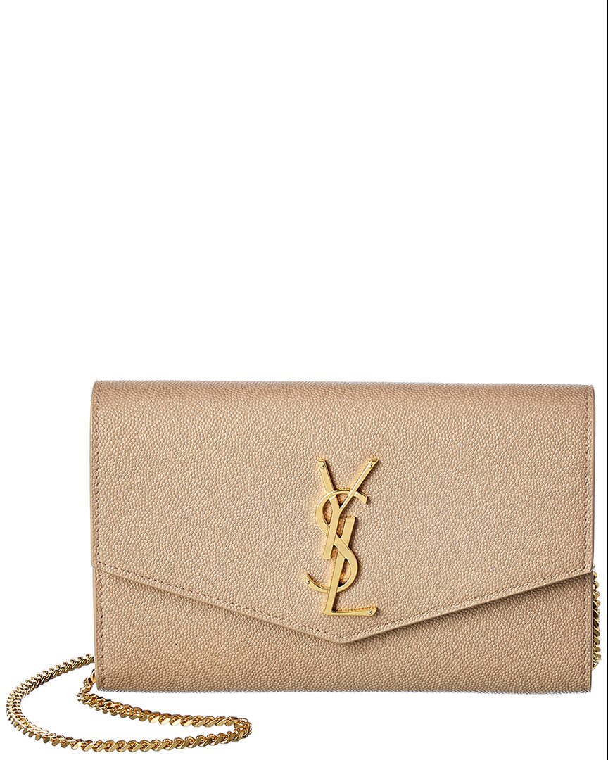 Saint Laurent Uptown Embossed Leather Wallet On Chain In Sand