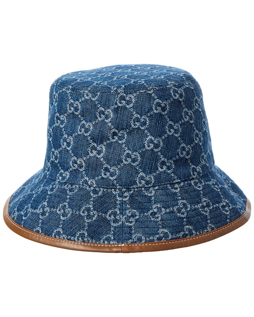 Gucci Gg Denim Leather-trim Bucket Hat In Blue