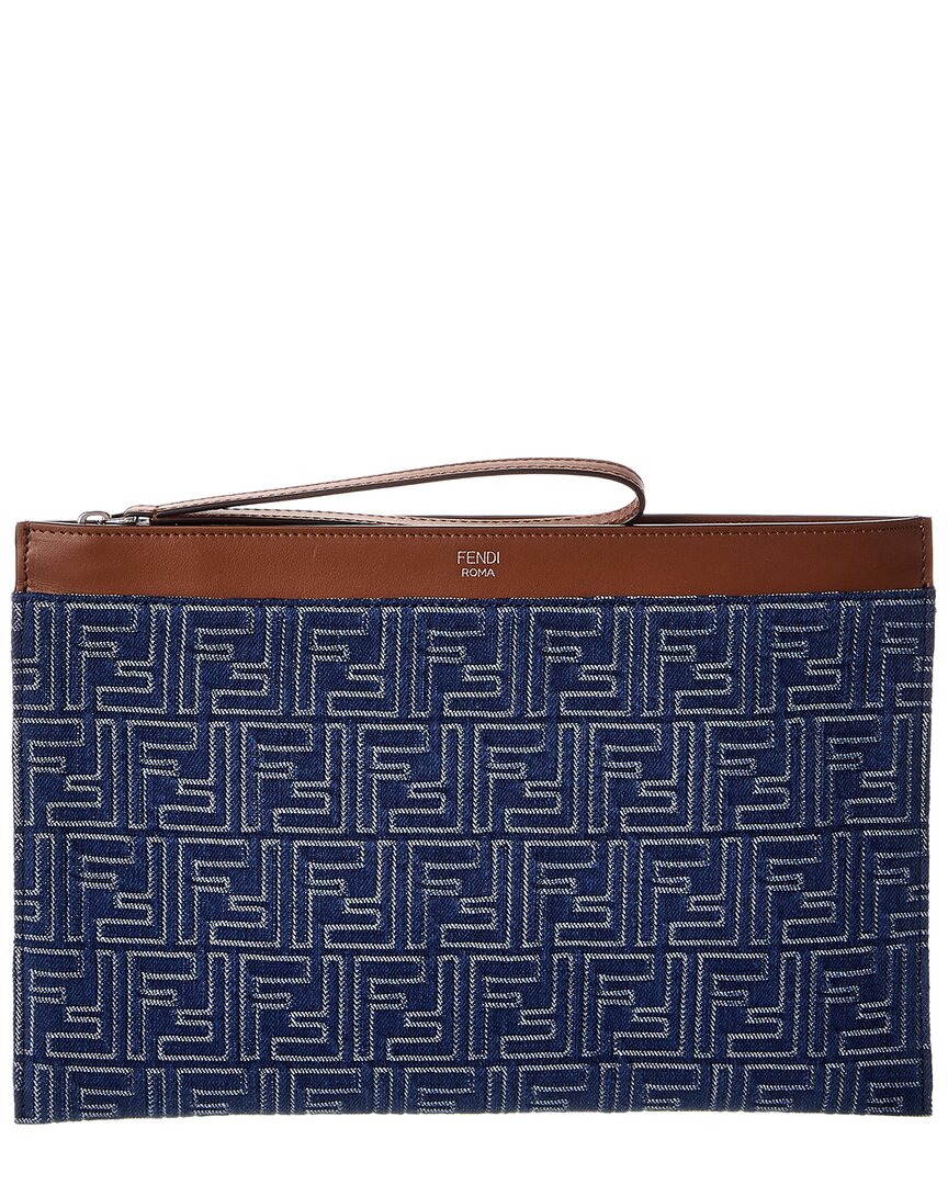 Fendi Ff Medium Jacquard & Leather Pouch In Blue