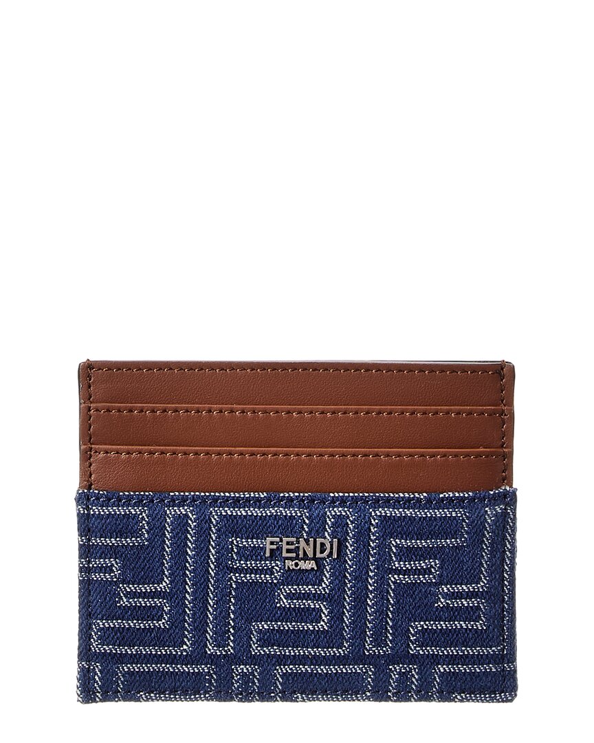 Fendi Ff Denim & Leather Card Case In Blue
