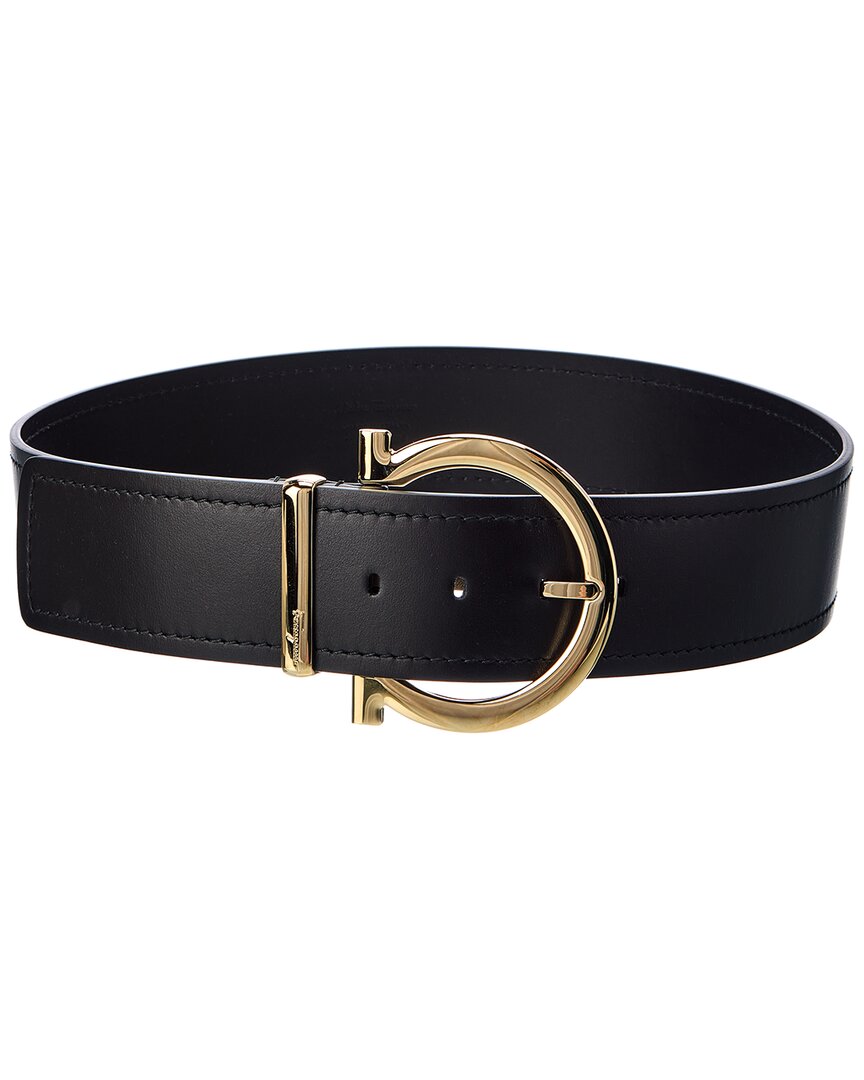 Ferragamo Gancini Wide Fixed Leather Belt In Black