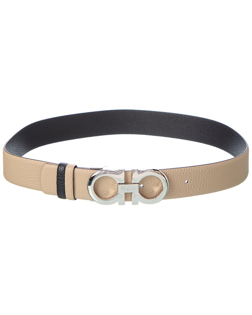 Ferragamo New Bisque And Black Leather Gancini Belt In Brown