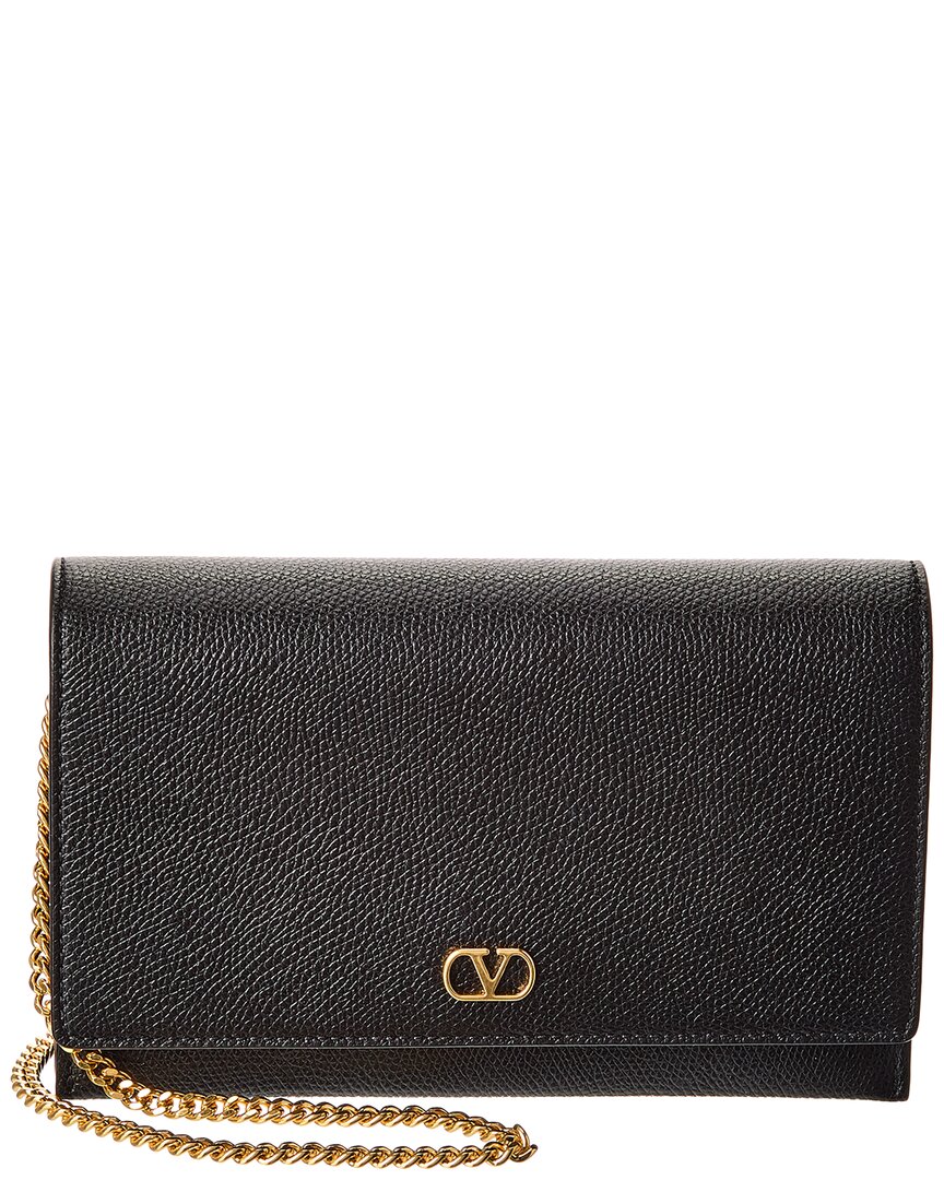 Valentino Garavani Valentino Vlogo Signature Leather Wallet On Chain In Black