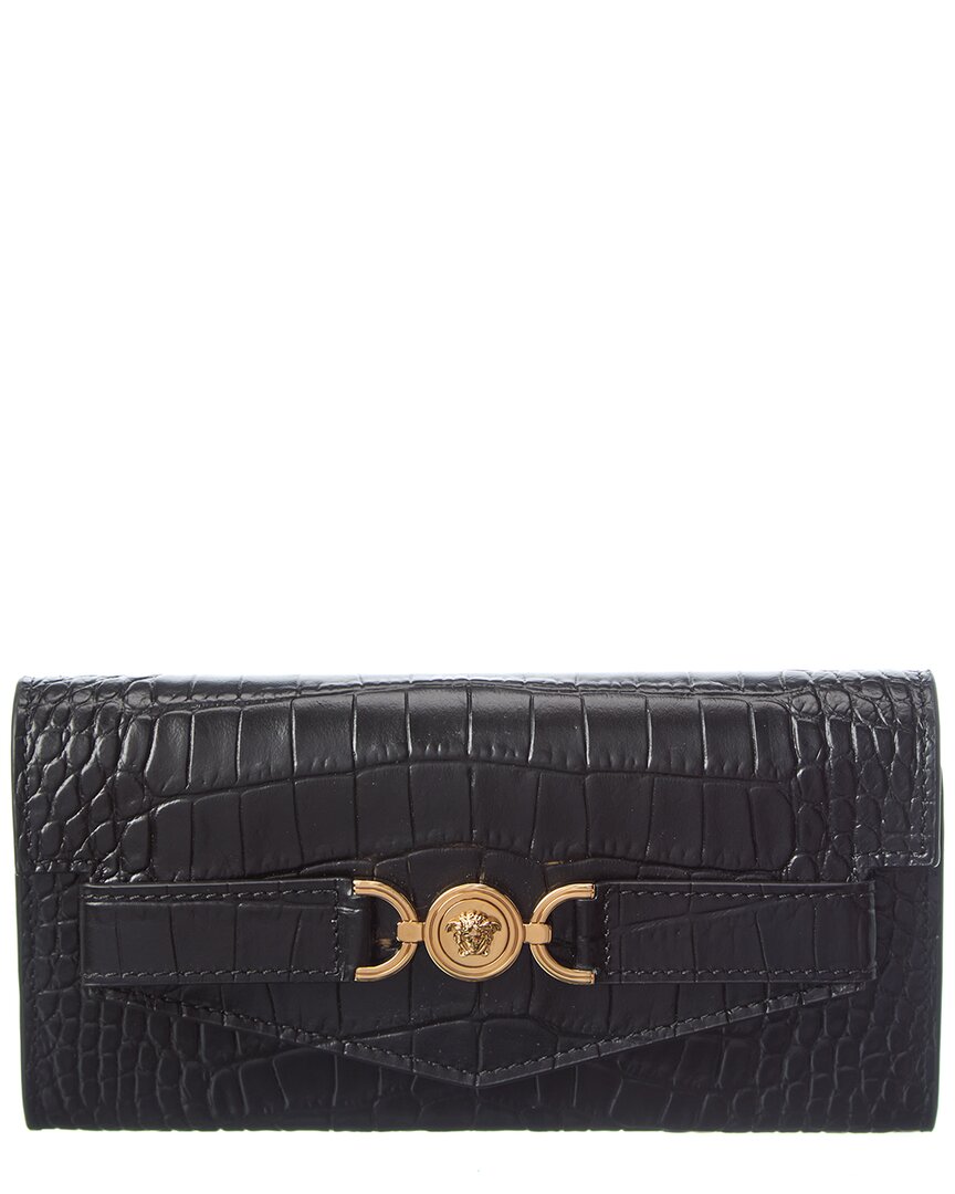 Versace Medusa Croc-embossed Leather Continental Wallet In Black
