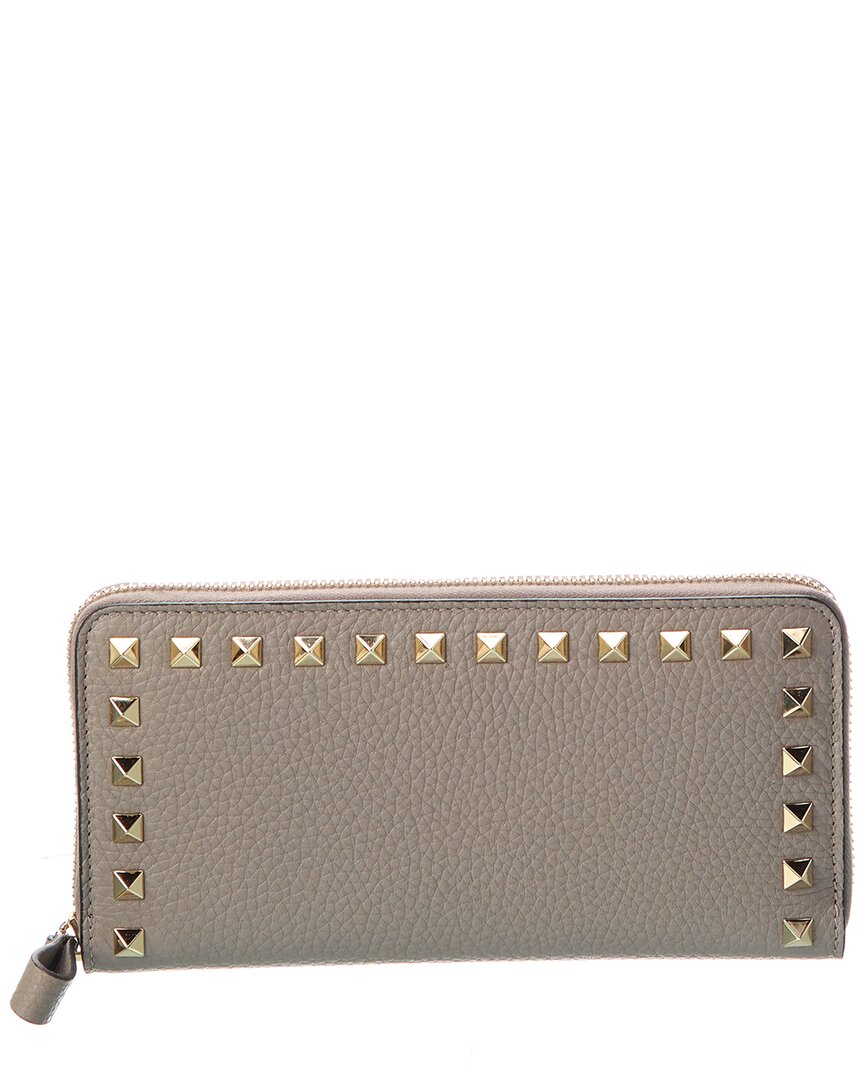 Valentino Rockstud Grainy Leather Zip Around Wallet In Brown