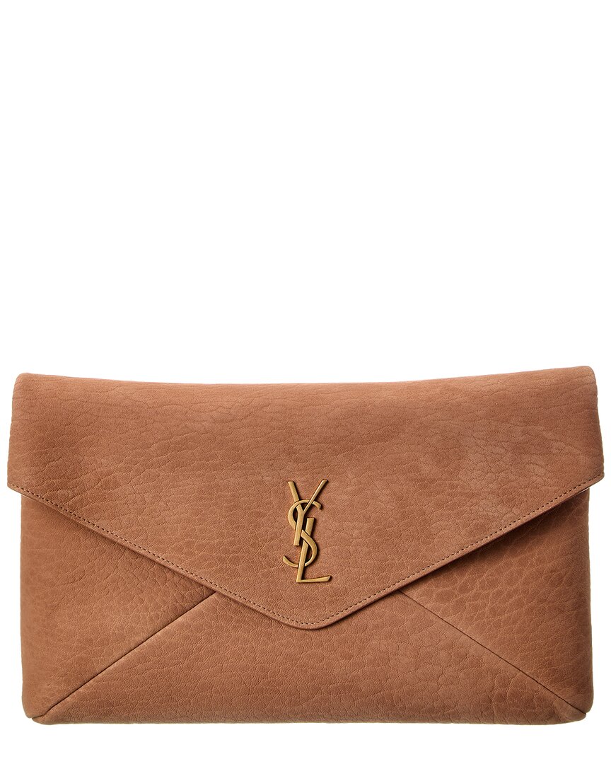Saint Laurent Cassandre Large Leather Envelope Pouch In Brown