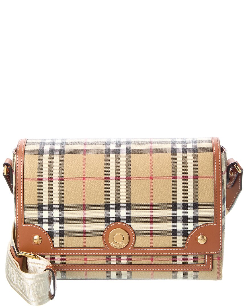 Burberry Note Check E-canvas & Leather Crossbody In Brown