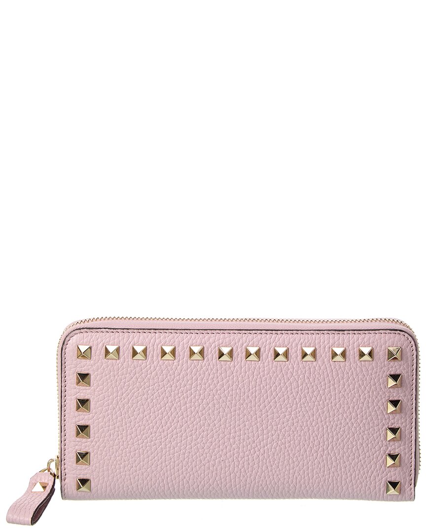 Valentino Garavani Rockstud Grainy Leather Zip Around Wallet In Pink