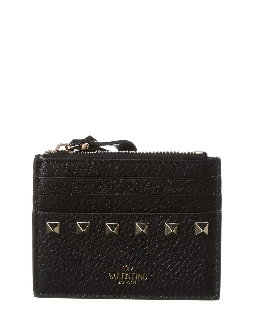 Valentino Garavani Rockstud Grainy Leather Card Holder In Black