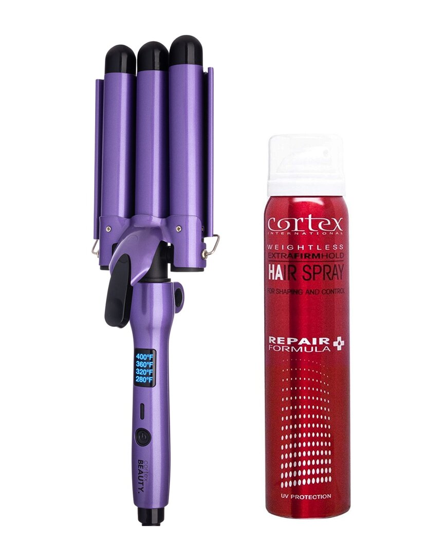 Cortex Beauty Cortex Digital Wave Maker 1 Foldable Three Barrel Waver & Hairspray Set In Purple
