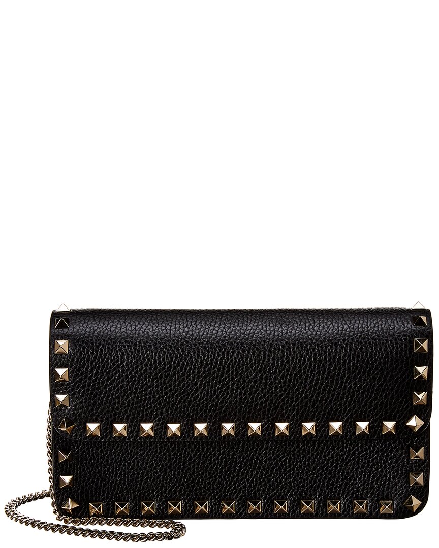 Valentino Garavani Valentino Rockstud Grainy Leather Wallet On Chain In Black