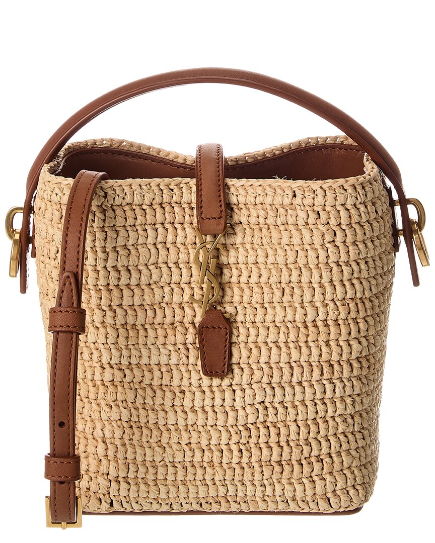 Saint Laurent Le 37 Mini Raffia & Leather Bucket Bag In Brown